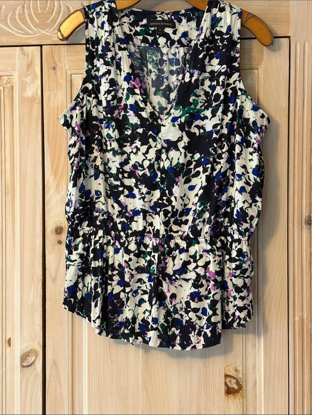 Banana Republic White Floral-Print Sleeveless Peplum Blouse